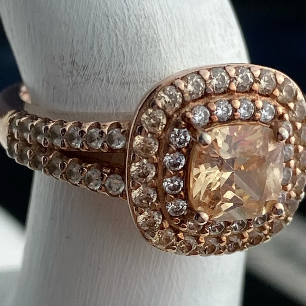 14K Rose Gold Plated Sterling Cushion Cut Champaign Cubic Zirconia Double Halo